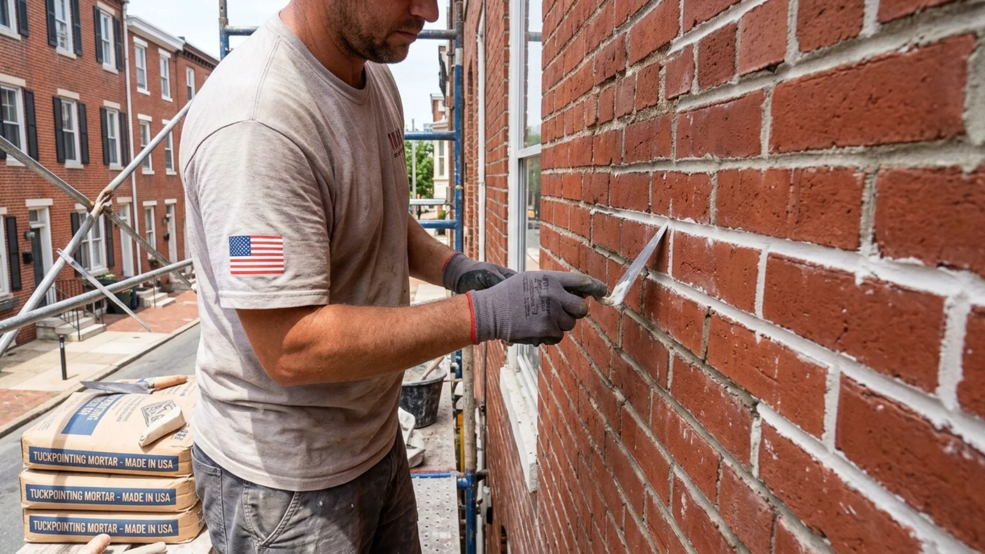 Tuckpointing contractor working on a NYC brownstone brick facade