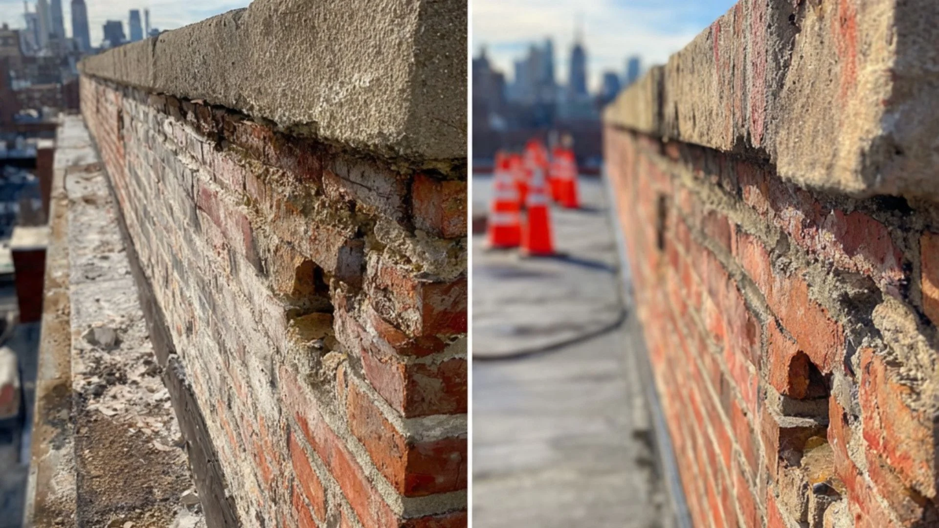 Water infiltration and deteriorated mortar joints on NYC brick building